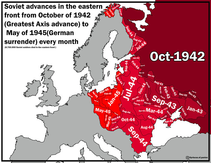 Soviet Advances In The Eastern Front From October Of 1942 (Greatest Axis Advance) To May Of 1945 (German Surrender) Every Month