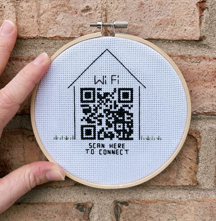 My Internet Password Is Long And Complicated. No Matter How Hard I Try, I Will Never Remember It. My Router Is Hard To Reach And My Kid Keeps Running Off With My Post-It Notes, So I Decided To Stitch A Qr Code To Hang On The Wall