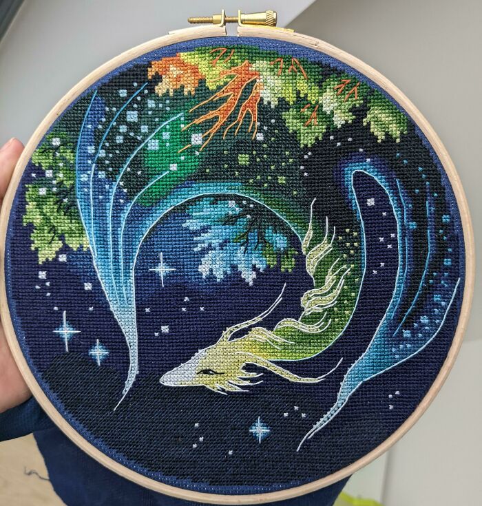 It's The First Time When I Tried Coaching Instead Of Backstitching And I Love The Result! Spent The Coldest Time Of The Winter Stiching This Dragon From Nadezhda Gavrilenkova