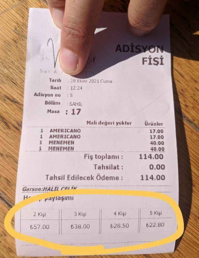 This Bill In Turkey Tells You How Much Each Person Would Need To Pay If You Split It Equally