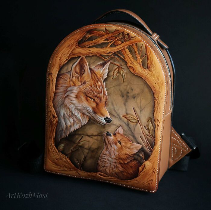 Leather Custom Backpack "Foxes". Tooling, Carving And Hand Painting