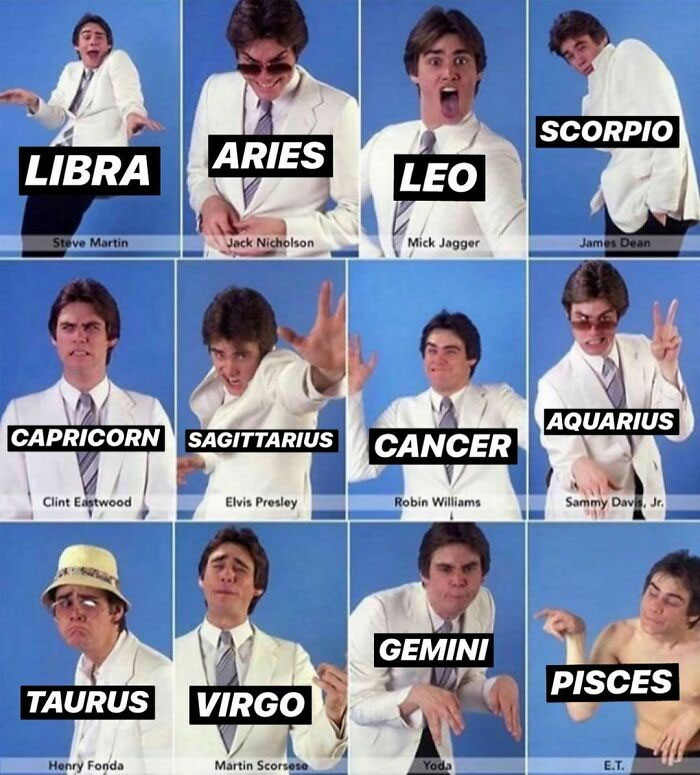 The zodiac signs as Jim Carrey impressions meme
