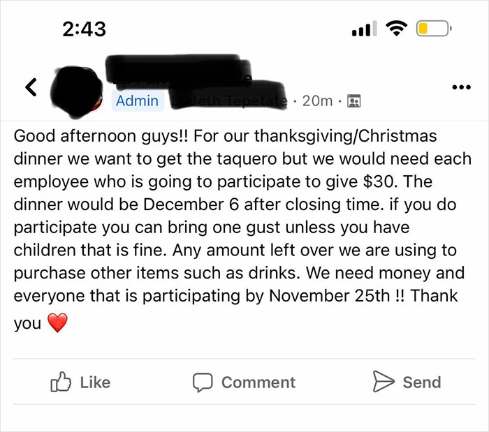 "I will be busy tonight.": Company executives expect staff to spend $30 each for the corporate Christmas party.
