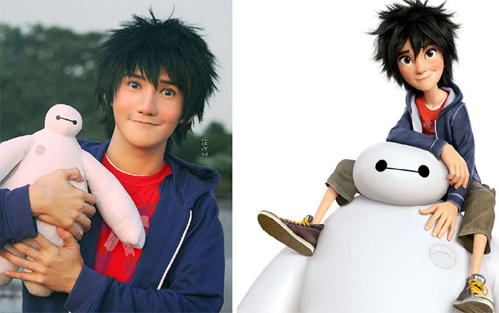 Hiro Hamada and a boy with a Big Hero 6 toy looking similar 