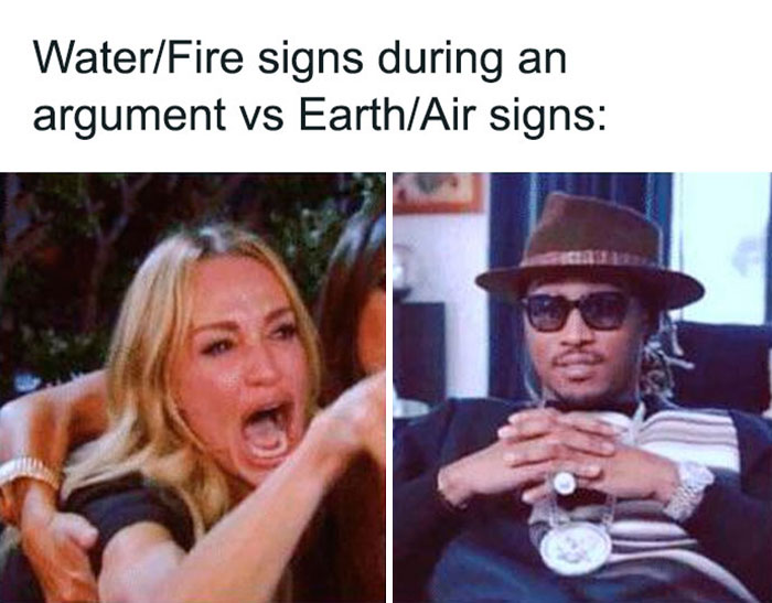 Water/fire signs during an argument with earth/air signs meme