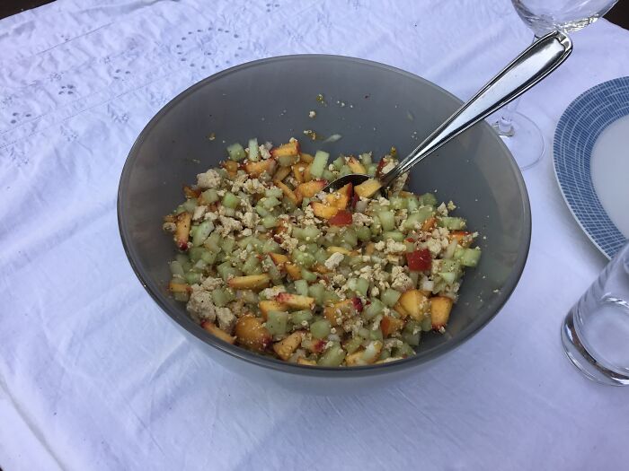 Spicy Salad Made From Cucumber, Peaches, Tofu And Ginger