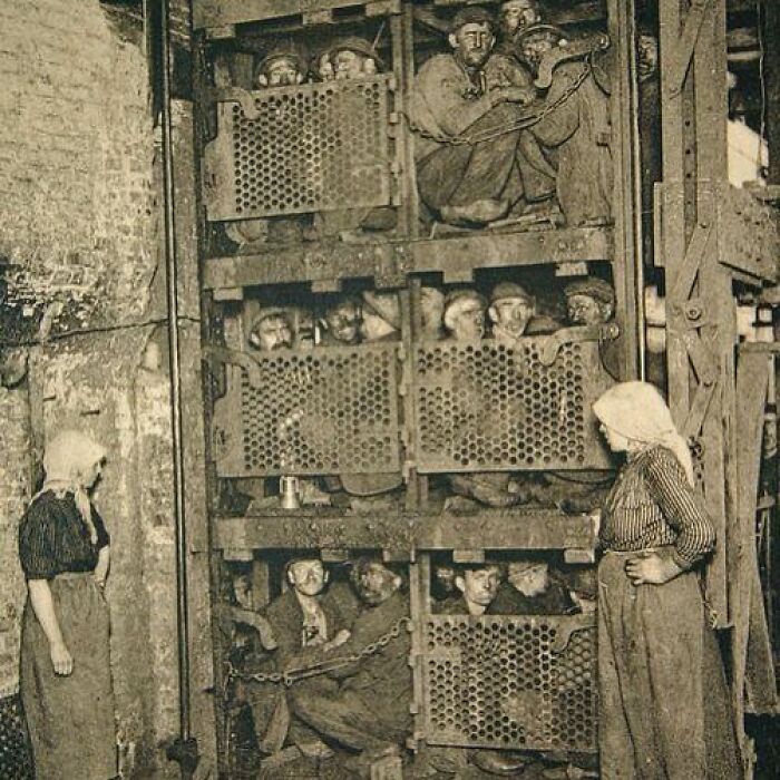 Belgium Coal Miners Crammed Into A Coal Mine Elevator, Coming Up After A Day Of Work, Circa 1900