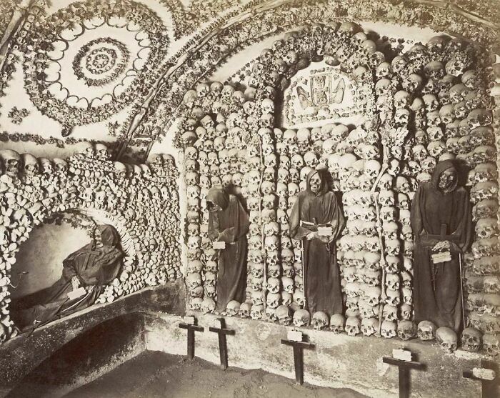 The Ornate Skeletons Of Rome's Capuchin Crypt. This Crypt Contains The Remains Of 4,000 Different Individuals. This Photo Was Taken Around 1900