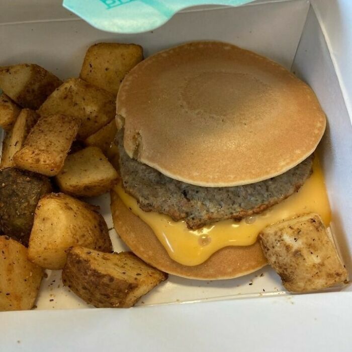 Someones Kids School Lunch. Pancake Sausage Burger With Cheese