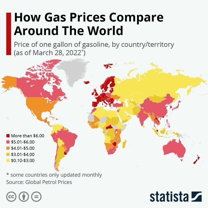 This Map Shows The Price Of One Gallon Of Gasoline, By Country/Territory (As Of March 28, 2022)