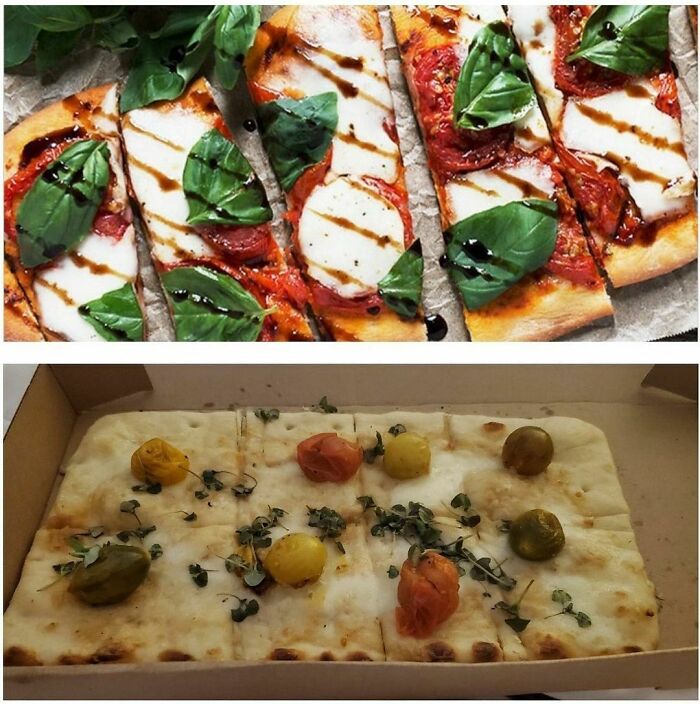 La imagen de la pizza de masa fina en el menú online frente a lo que nos entregaron. Servicio a la habitación en un caro hotel de Chicago
