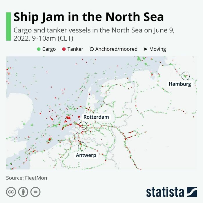 This Chart Shows Cargo And Tanker Vessels In The North Sea On June 9, 2022 9am-10am (Cet)