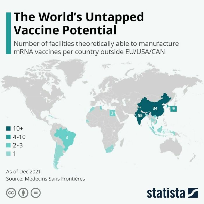 This Map Shows The Number Of Facilities Able To Manufacture Mrna Vaccines Outside Of The Eu/USA/Can