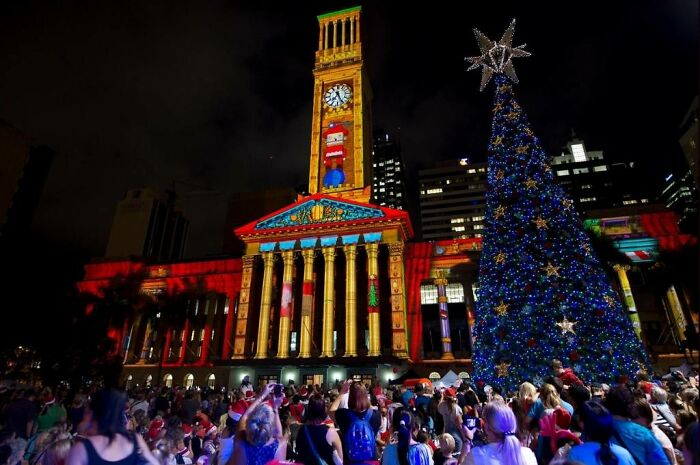 Chrissy In Brisbane, Australia. Every Night, The City Hall Has An Animation Projected On It With Music And Voices. There Are Also Parades Most Nights With Characters And Dancers