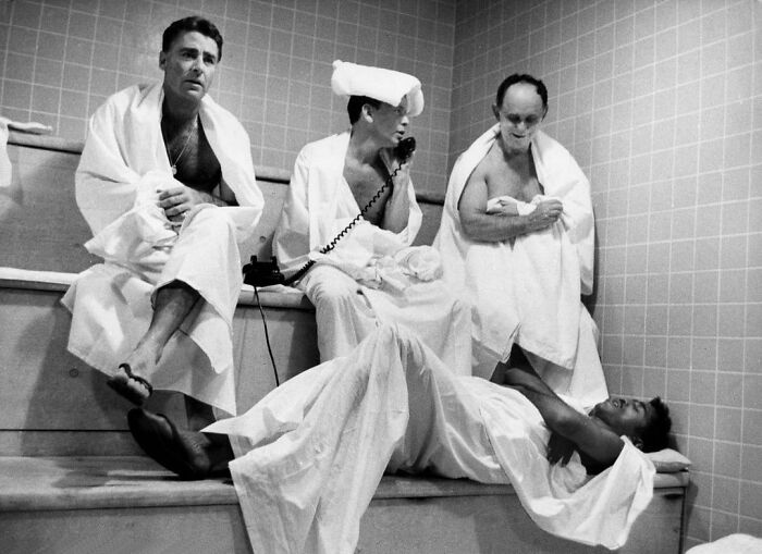Peter Lawford, Frank Sinatra, Al Hart, And Sammy Davis Jr. Relaxing In The Sands Hotel Steam Room, Las Vegas, 1960