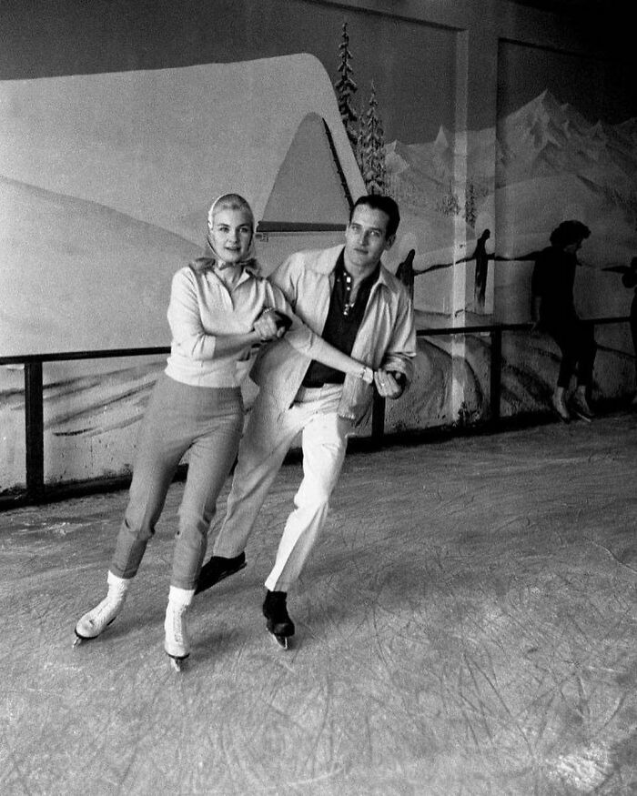 Joanne Woodward And Paul Newman Ice Skating During A Break In Filming From The Terrace, 1960