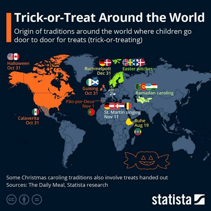This Map Shows Traditions Around The World Where Children Go Door To Door For Treats (Trick-Or-Treating)