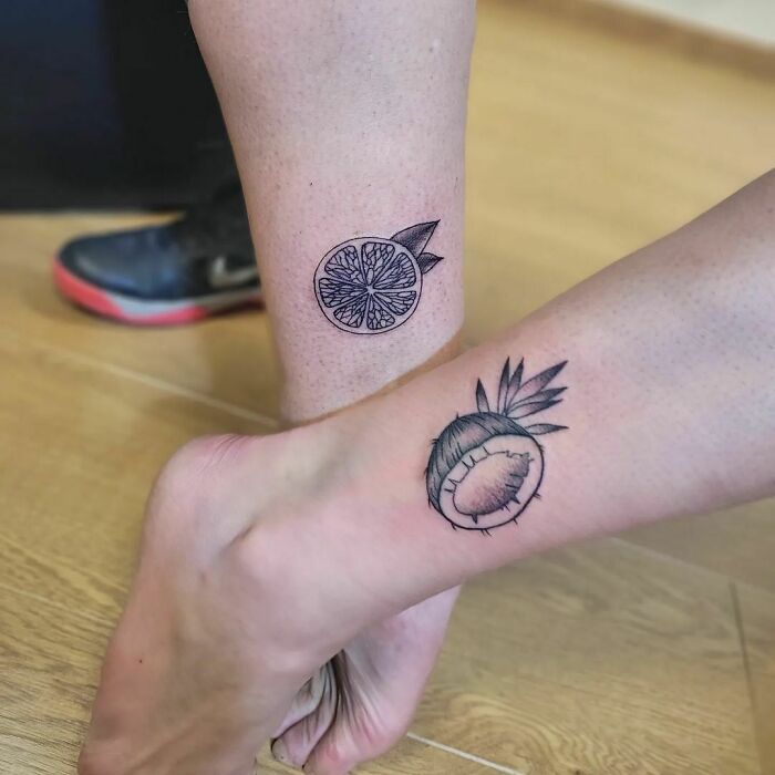 Matching Lemon and coconut tattoos