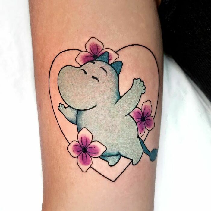 Cute Moomins with flowers tattoo
