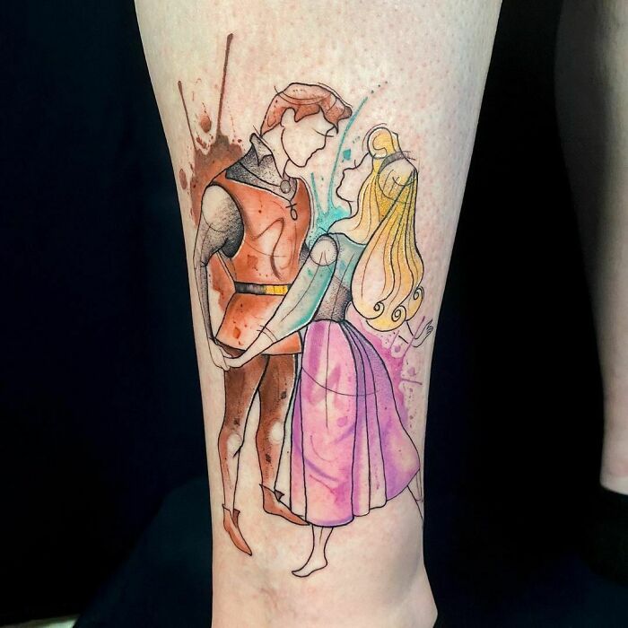 Watercolor Sleeping Beauty and Prince Phillip tattoo