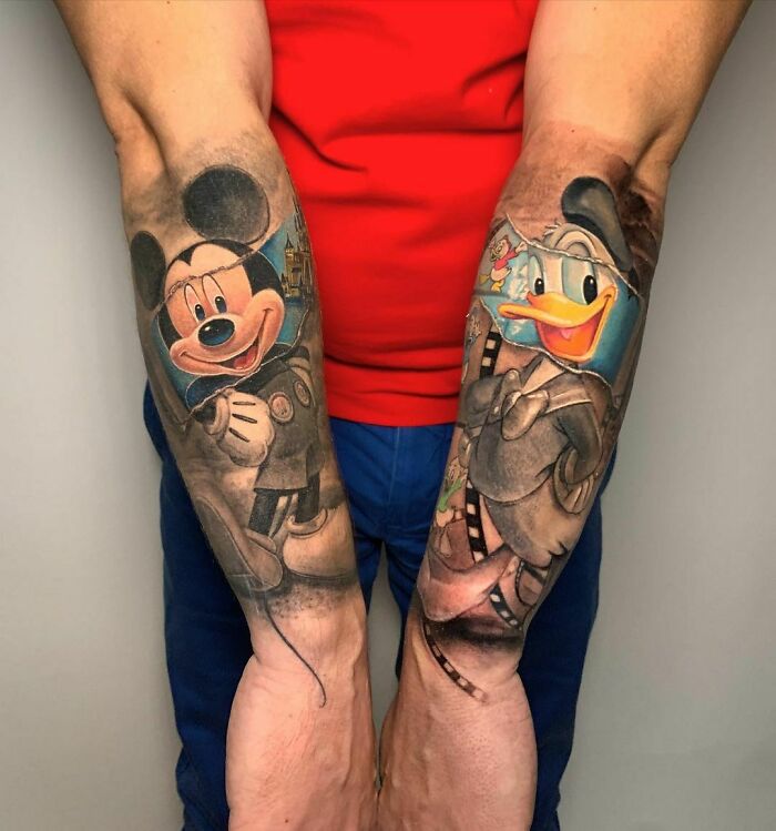 Mickey Mouse and Donald Duck arms tattoos 