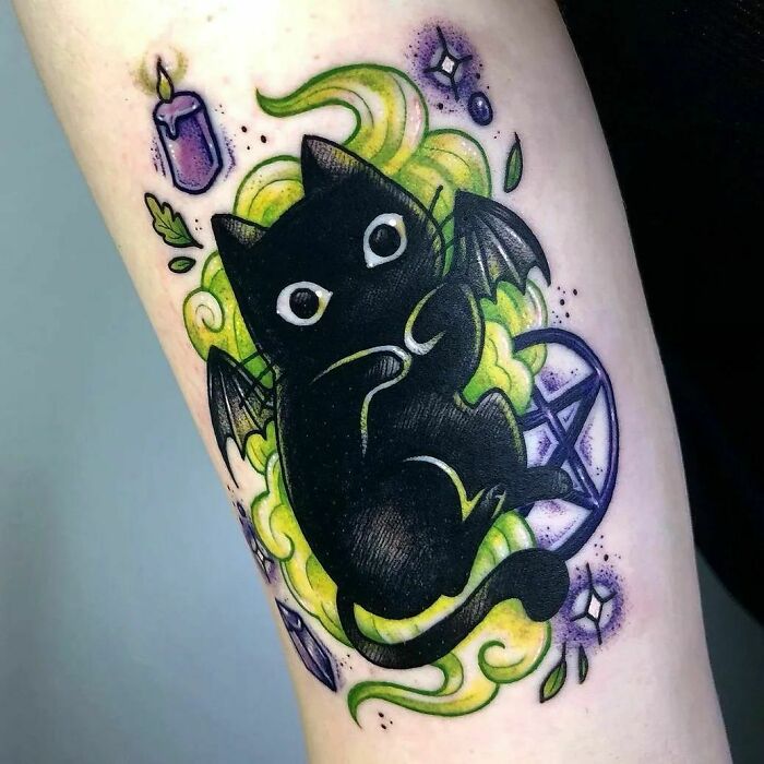Cute spooky cartoon cat tattoo