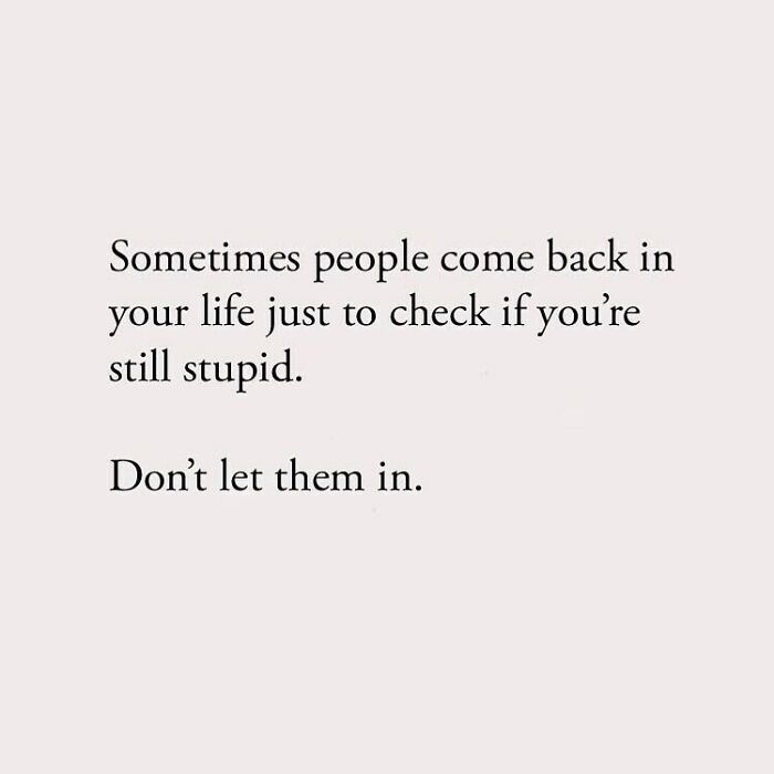 Sometimes people come back in your life just to check if you're still stupid. Don't let them in.
