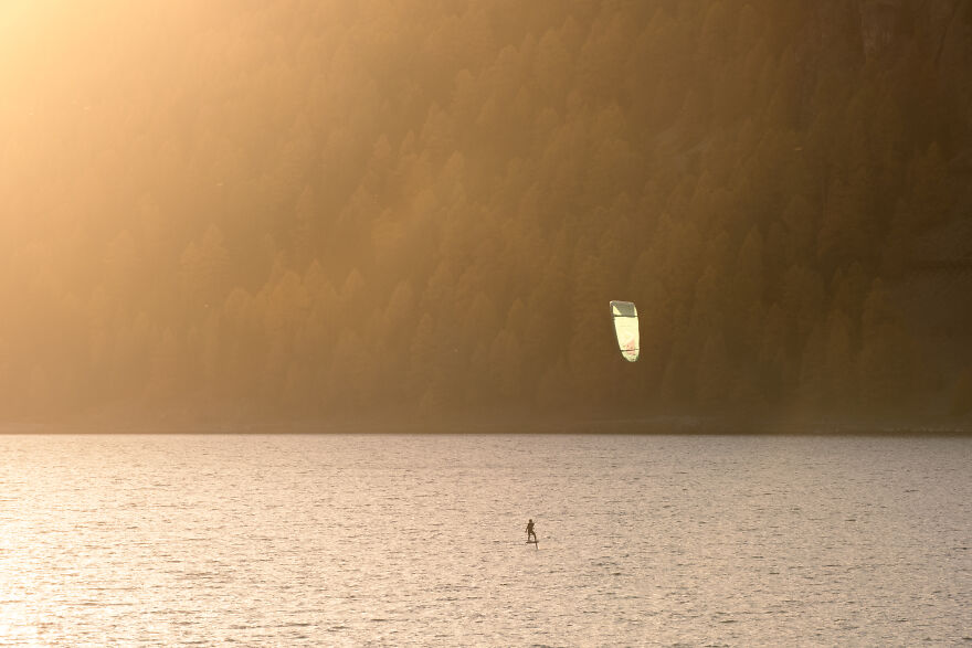Kite Surfer, Captured During The Golden Hour In Engadin