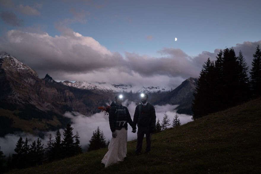Hiking Down The Mountain After Sunset