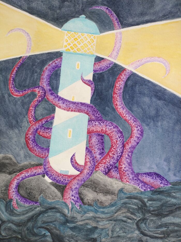 Lighthouse + Kraken Painting In Watercolor