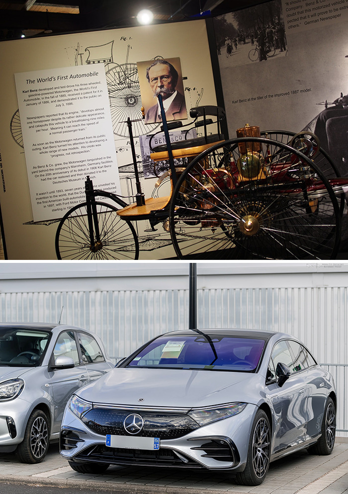 Benz Patent-Motorwagen (1885) vs. Mercedes-Benz EQS (2022)