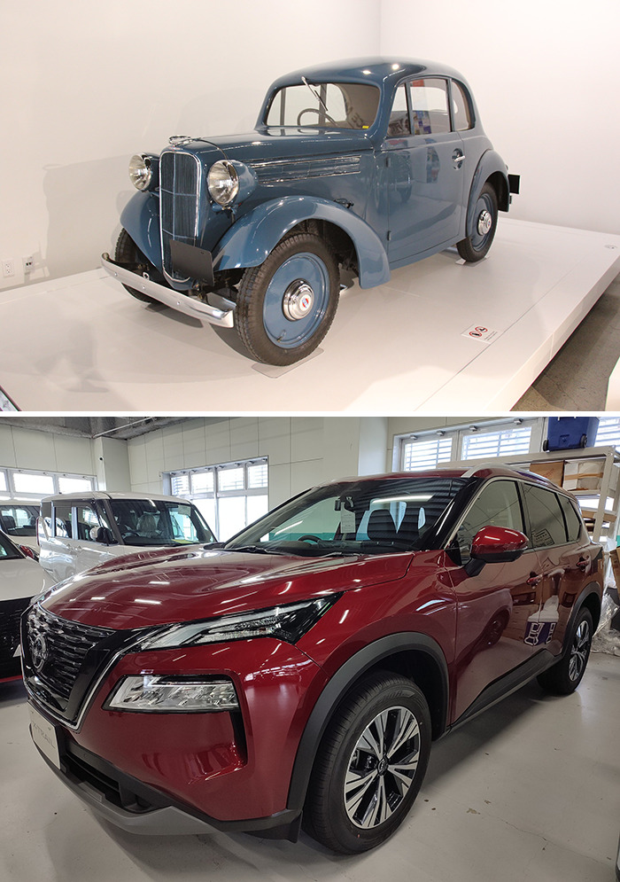 Nissan Datsun Type 16 Coupe (1937) vs. Nissan X-Trail (2022)