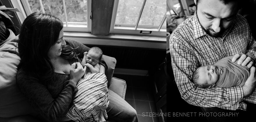Photographs of a newborn with their parents
