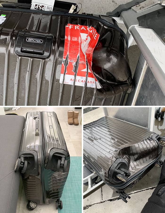 Just Got Offered $250 From WestJet For Their Complete Destruction Of My Suitcase. Special Touch That They Caved In The Fragile Sticker On The Bag