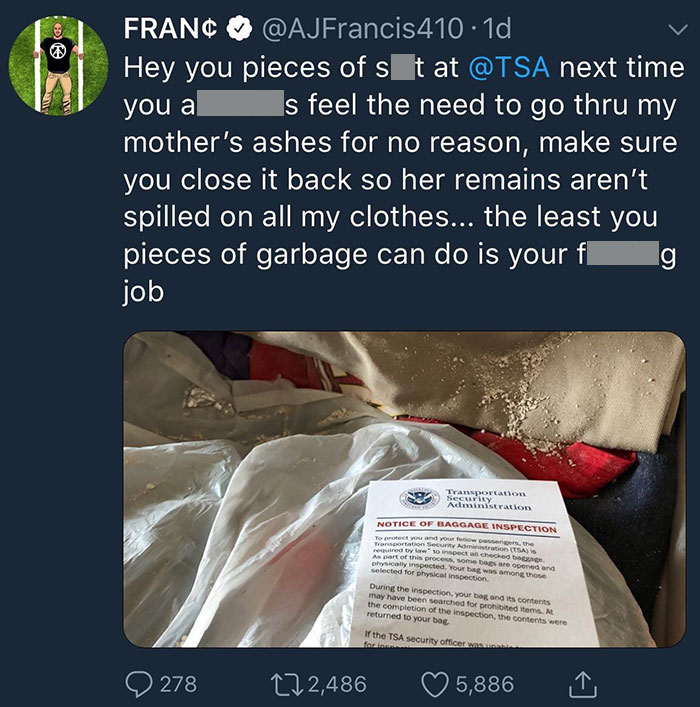TSA Spilling His Mothers Ashes