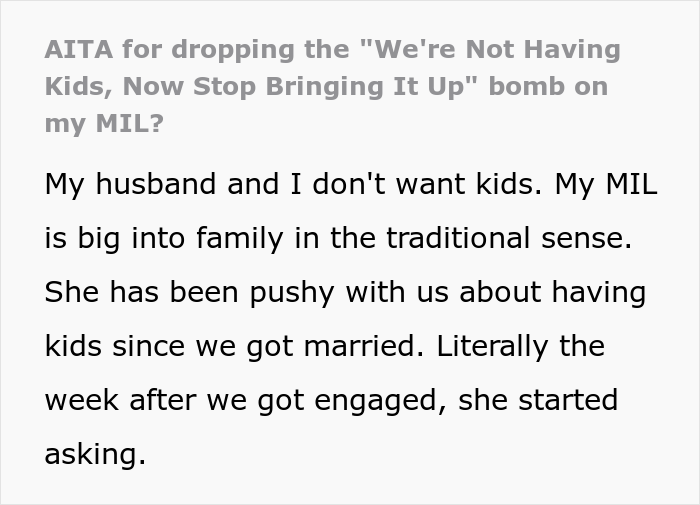 Childfree Woman Has Had Enough Of MIL Pushing For Kids, Finally Snaps And MIL Storms Off Crying, She Asks If She Went Too Far