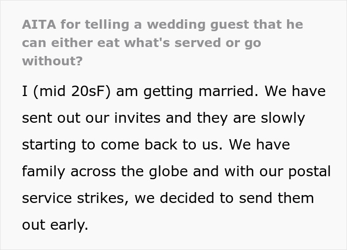 Bride-To-Be Gets Backed Online For Refusing To Alter Her Wedding Meals For A Nagging Guest