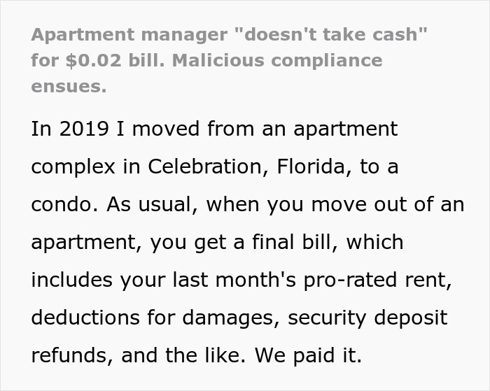 Apartment manager does not take cash for $0.02 bill, result of malicious compliance