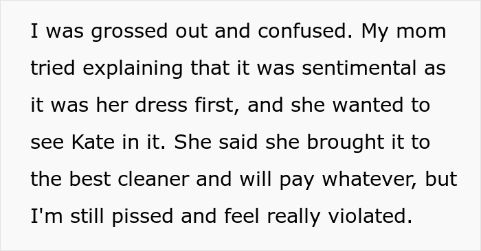 Woman Gets Called A “Psycho” For Uninviting Her SIL From Her Wedding As She Tried On Her Wedding Dress And Accidentally Ruined It Woman Gets Called A “Psycho” For Uninviting Her SIL From Her Wedding As She Tried On Her Wedding Dress And Accidentally Ruined It