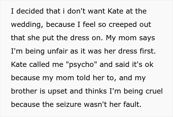 Woman Gets Called A “Psycho” For Uninviting Her SIL From Her Wedding As She Tried On Her Wedding Dress And Accidentally Ruined It