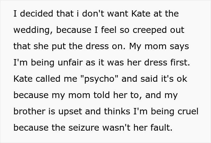 Woman Gets Called A “Psycho” For Uninviting Her SIL From Her Wedding As She Tried On Her Wedding Dress And Accidentally Ruined It Woman Gets Called A “Psycho” For Uninviting Her SIL From Her Wedding As She Tried On Her Wedding Dress And Accidentally Ruined It