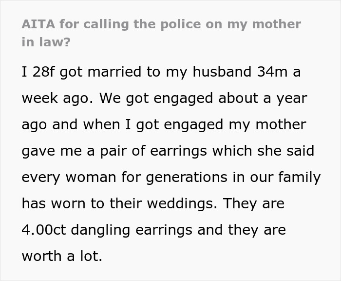 Bride immediately thinks of her MIL when her heirloom diamond earrings go missing, calls police to find out she was right