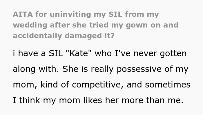 Woman Gets Called A “Psycho” For Uninviting Her SIL From Her Wedding As She Tried On Her Wedding Dress And Accidentally Ruined It