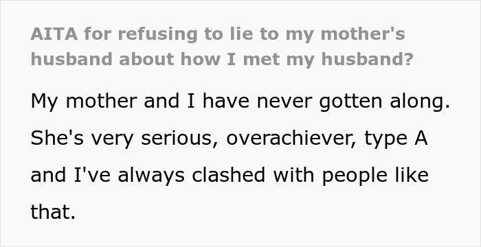 “AITA For Refusing To Lie To My Mother’s Husband About How I Met My Husband?”