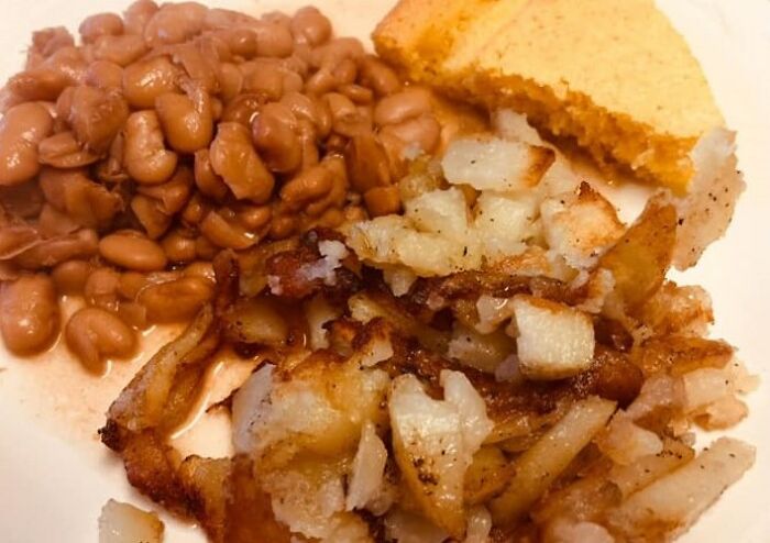 Fried Potatoes, Pinto Beans, And Corn Bread. Southern USA