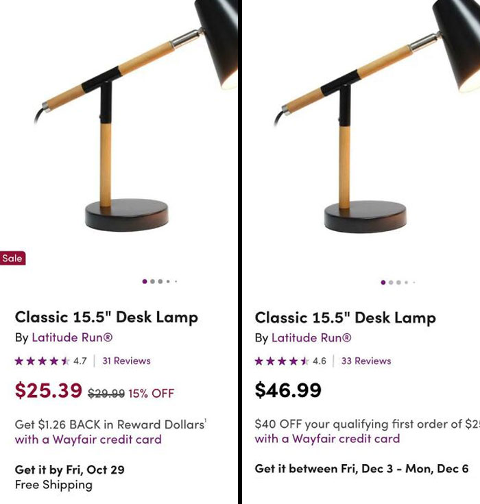 Lamp I Was Planning To Buy On Wayfair. $25 A Month Ago, $47 On Black Friday