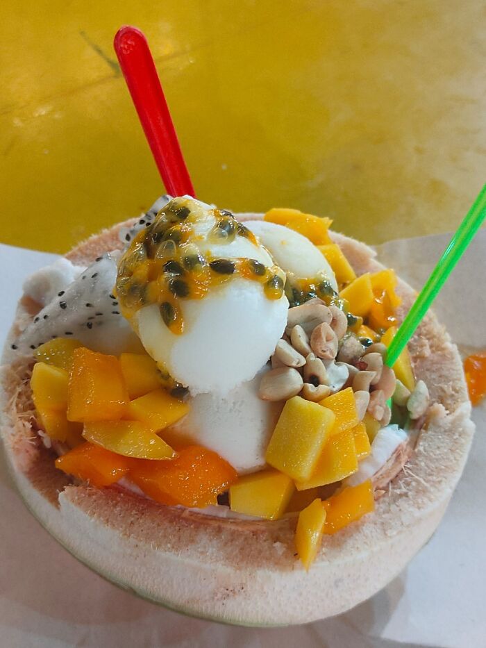 Fruit Bowl In A Coconut (With Some Sorbet) In A Heat Wave In Australia!