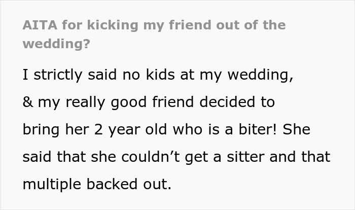 "I Strictly Said No Kids": Wedding Guest Ignores No Kids Rule, Is Offended When She's Kicked Out "I Strictly Said No Kids": Wedding Guest Ignores No Kids Rule, Is Offended When She's Kicked Out