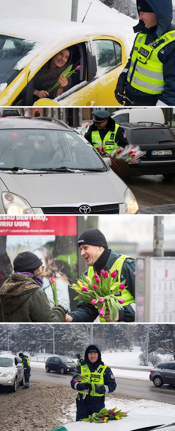 Tradición de la policía lituana de parar a todas las conductoras en el Día Internacional de la Mujer y regalarles flores