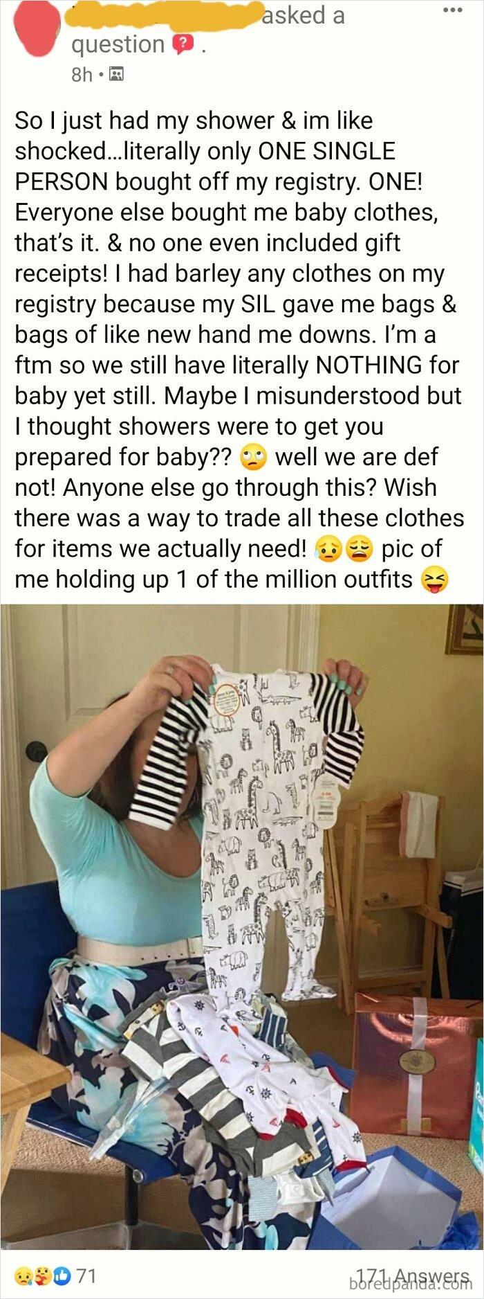 Ungrateful Pregnant Mom Rants About Receiving New Baby Clothes Instead Of Things On Her Baby Registry
